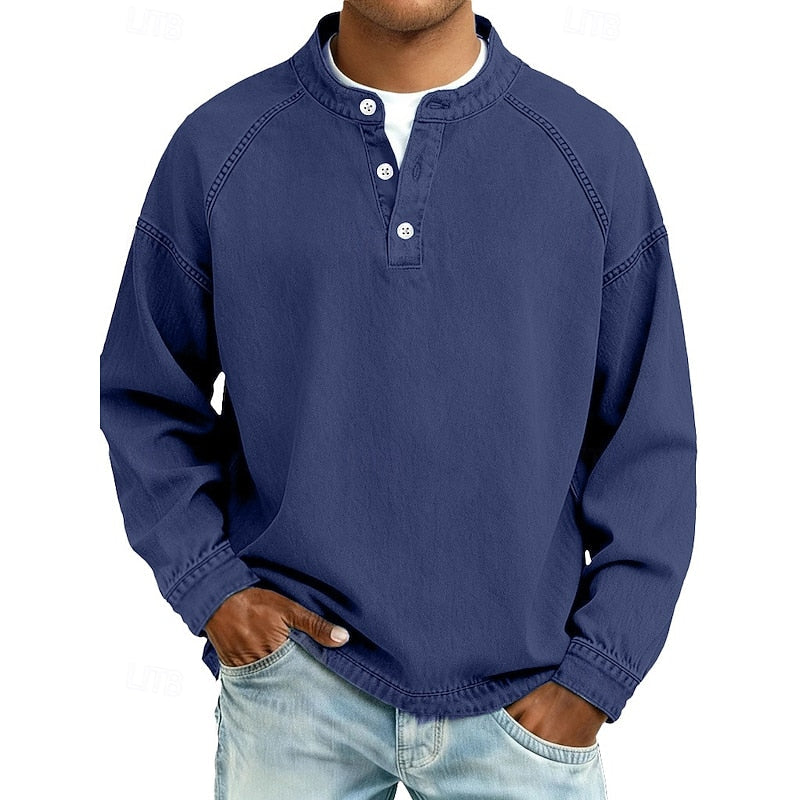 Henley Shirt with Button Placket and Raglan Sleeves, Standing Collar