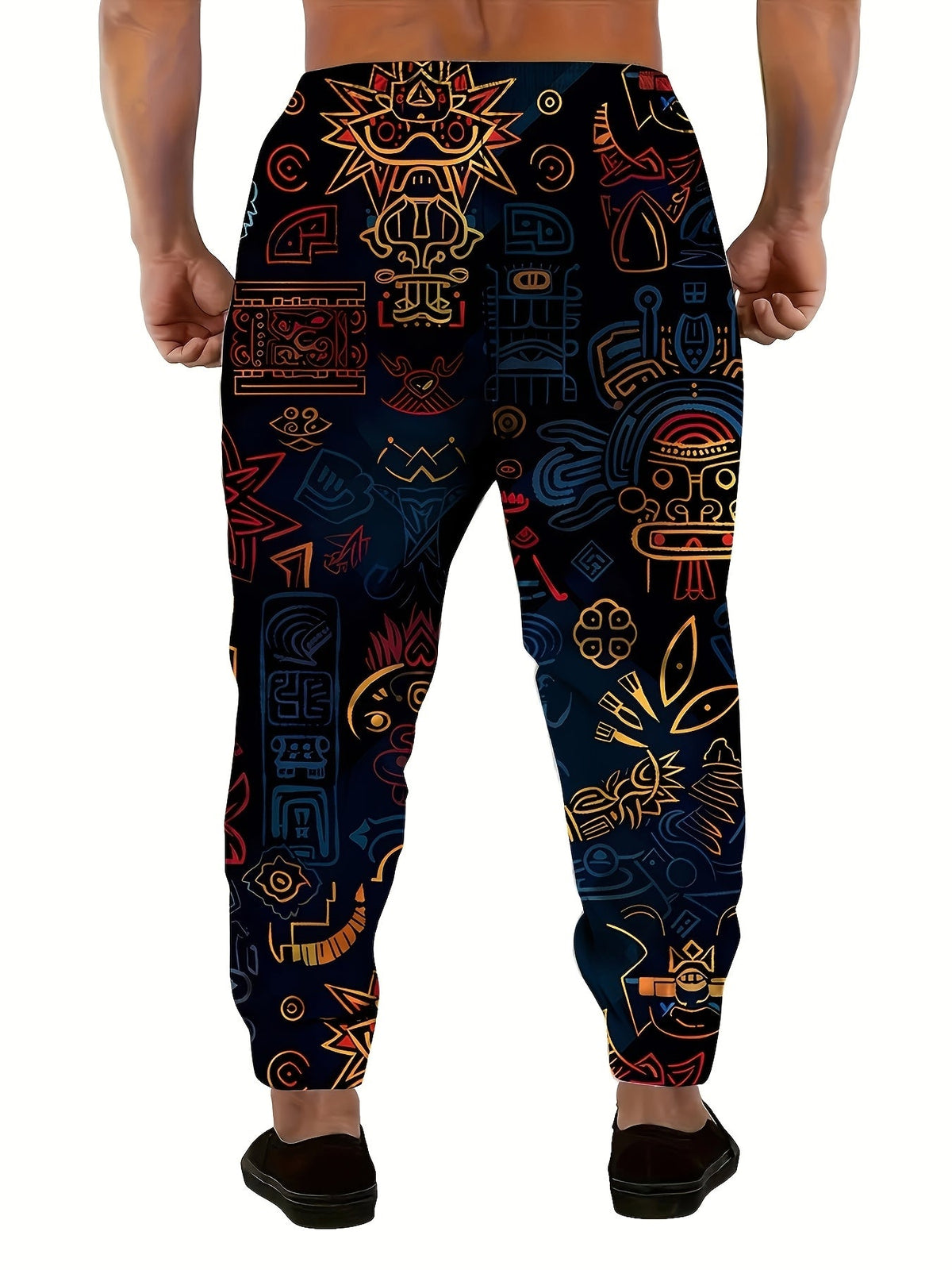 Artistic Print Joggers with Tapered Legs and Drawstring Waist, Cuffed Ankles