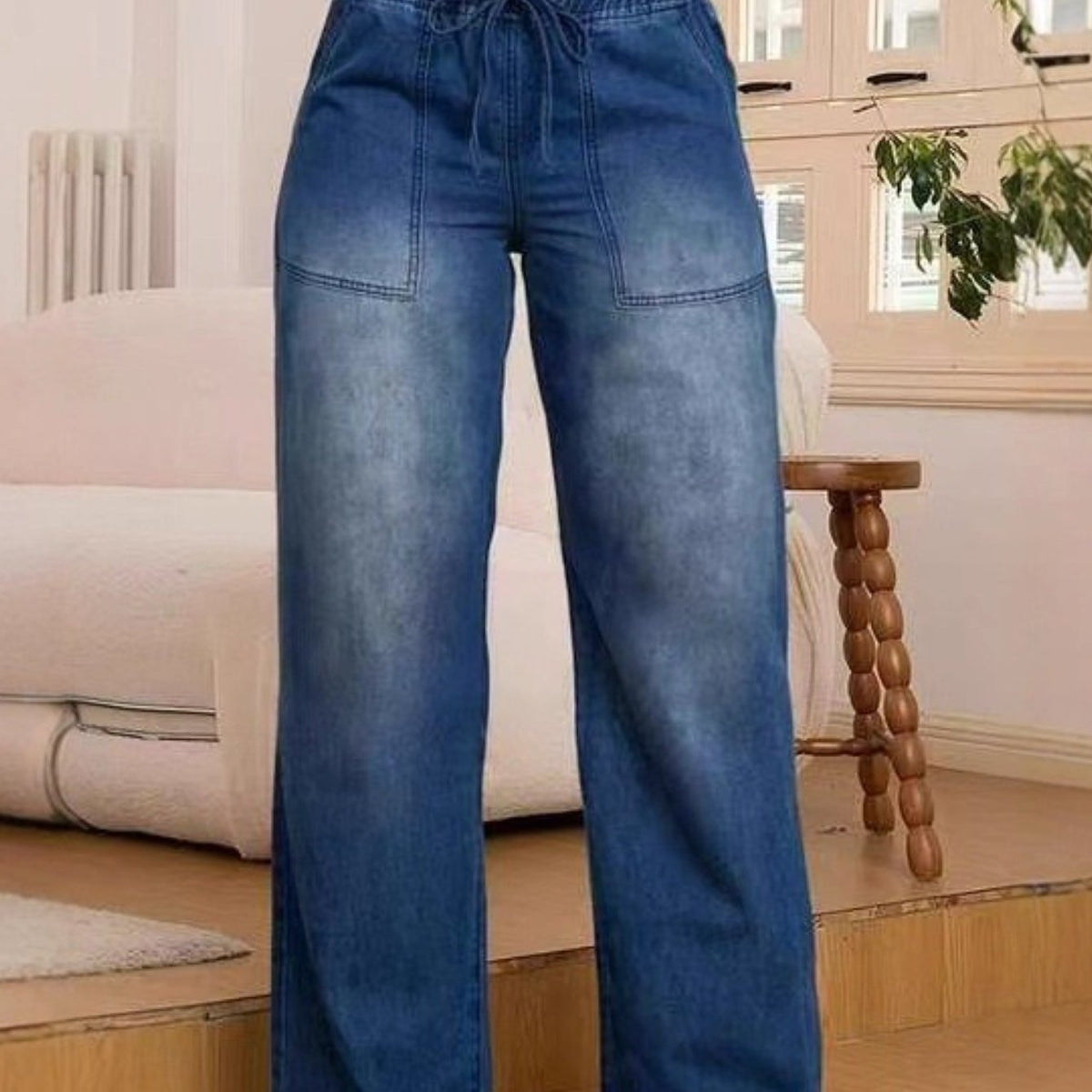 Wide-Leg Trousers with Adjustable Drawstring Waist and Light Wash