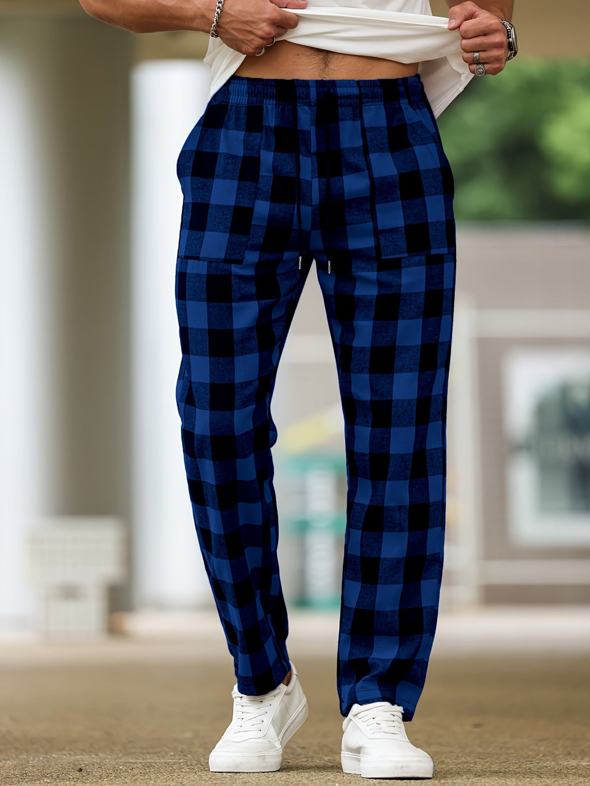 Plaid Lounge Pants with Elastic Drawstring Waist and Relaxed Leg Cut