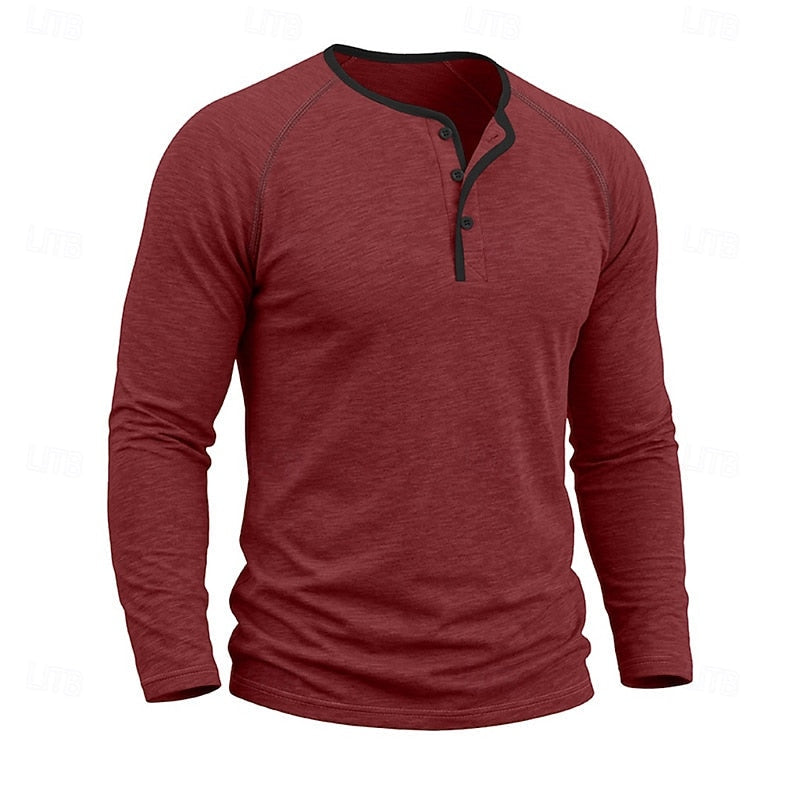 Long Sleeve Henley Shirt with Button Placket and Raglan Sleeves