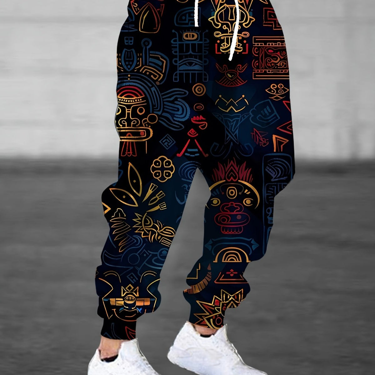 Artistic Print Joggers with Tapered Legs and Drawstring Waist, Cuffed Ankles