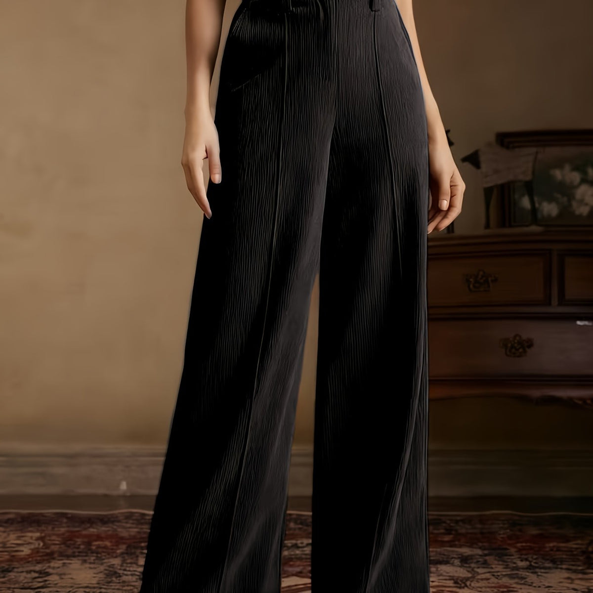 Women's High-Waisted Wide-Leg Trousers with Flat Waistband and Machine Washable Fabric