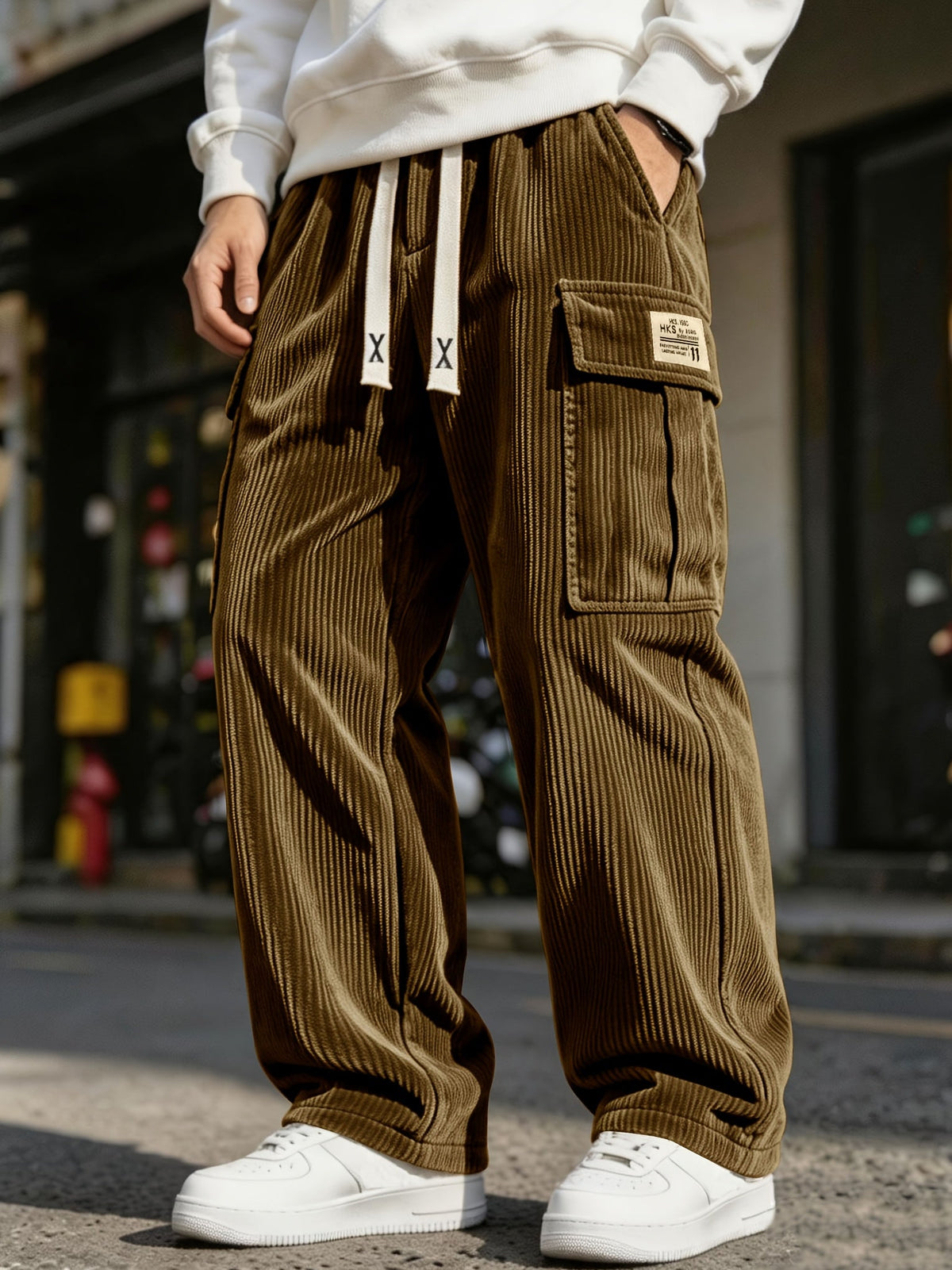 Relaxed Cargo Trousers with Drawstring Waist and Textured Fabric, Machine Washable