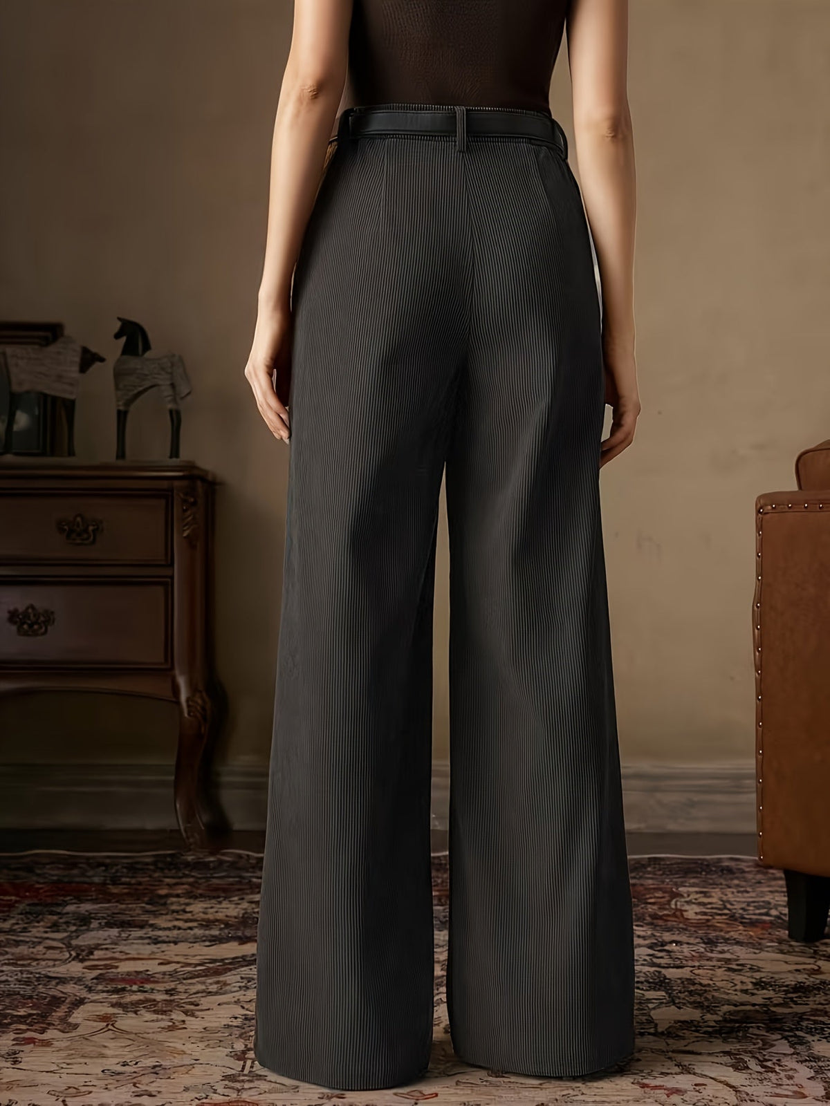 Women's High-Waisted Wide-Leg Trousers with Flat Waistband and Machine Washable Fabric