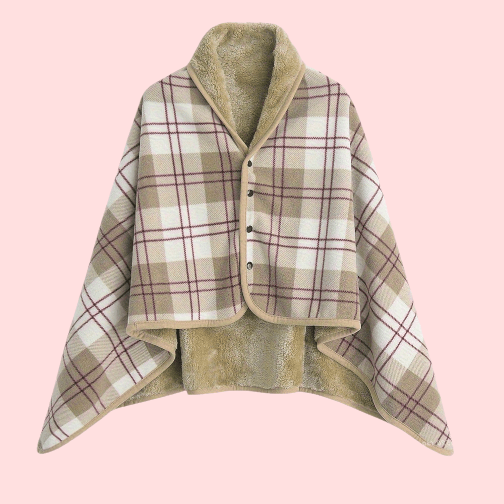 Plaid Shawl with Button Closure and Shoulder Drape Coverage