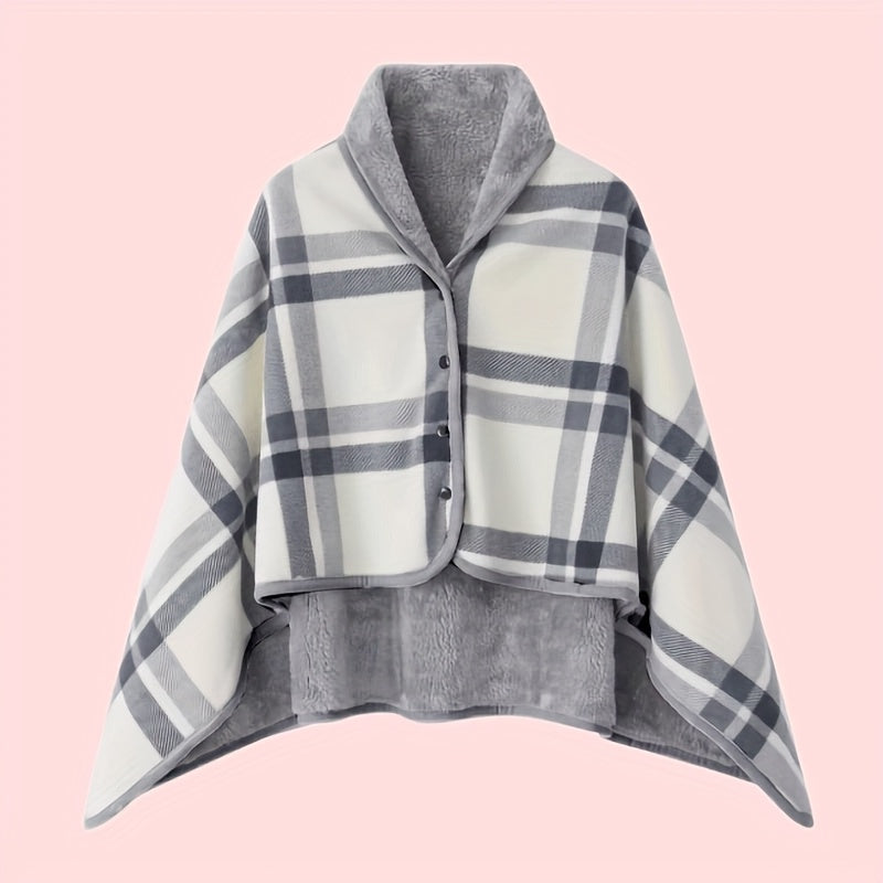 Plaid Shawl with Button Closure and Shoulder Drape Coverage