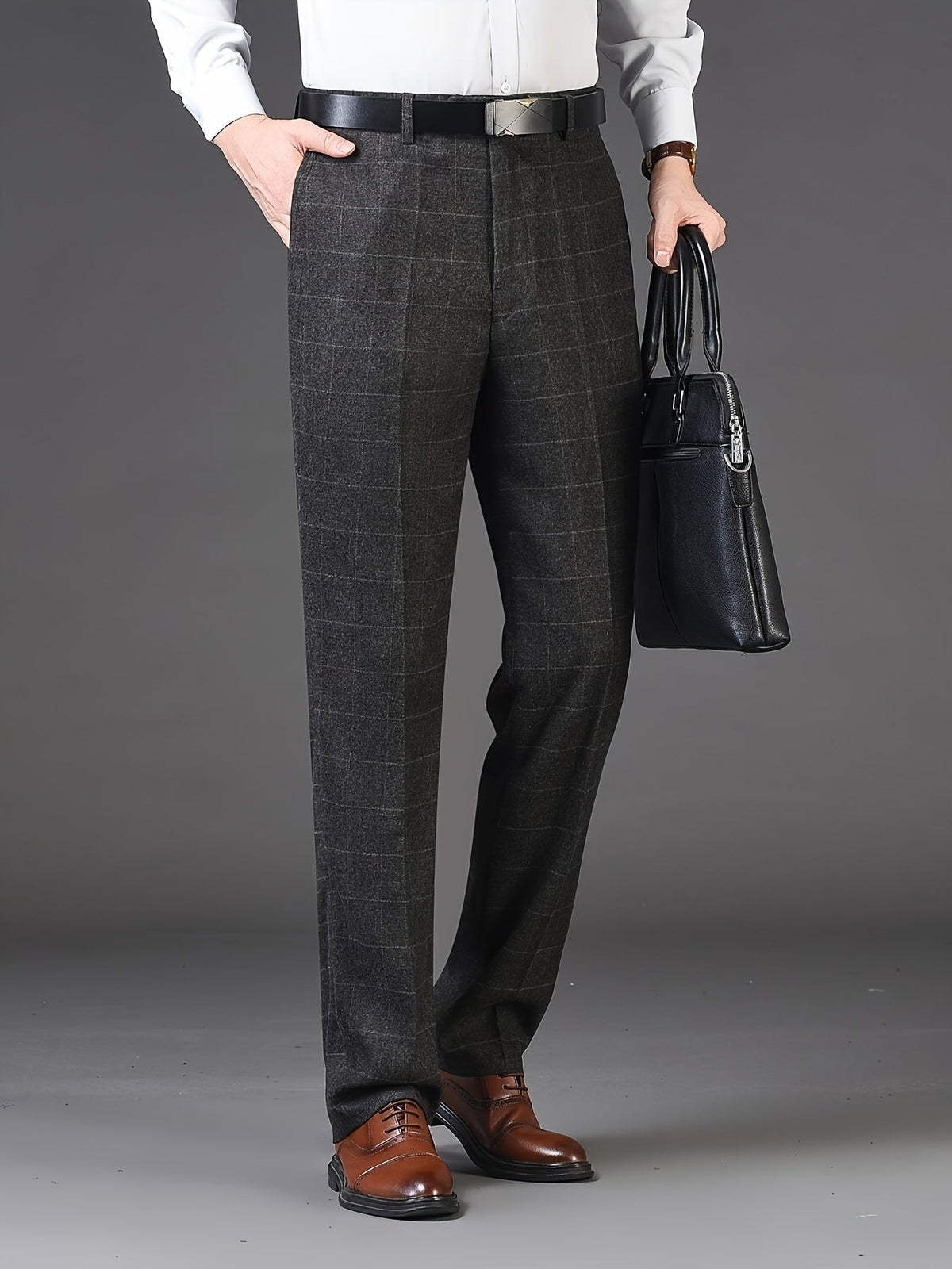 Straight Leg Trousers with High Rise Waist and Check Pattern, Wrinkle Resistant