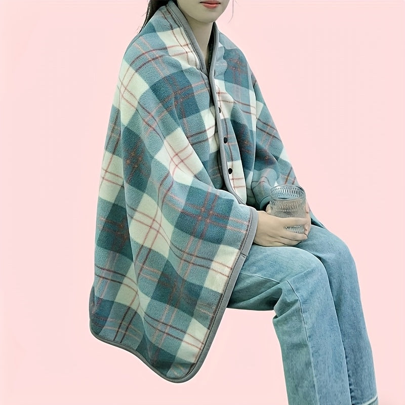 Plaid Shawl with Button Closure and Shoulder Drape Coverage