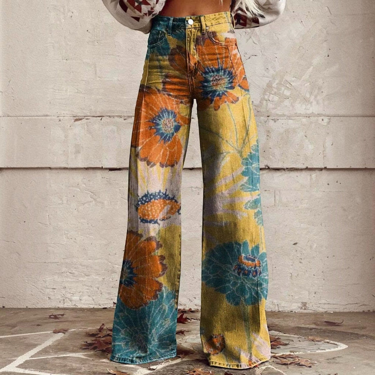 Floral Bell Bottom Pants with High Waist and Stretch Cotton Blend