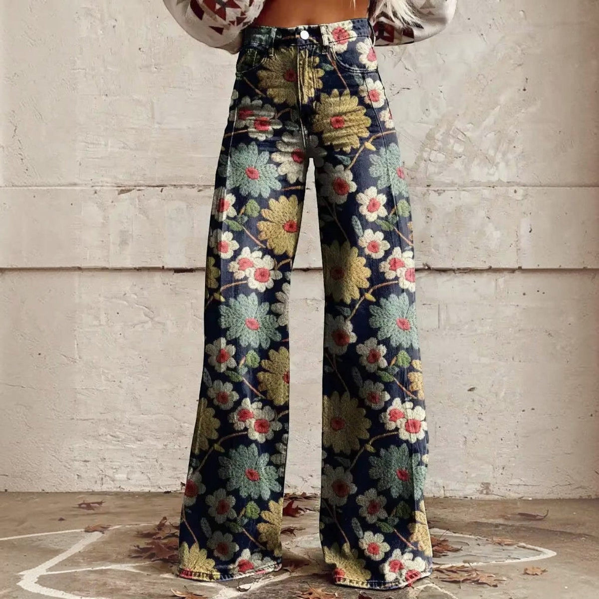 Floral Bell Bottom Pants with High Waist and Stretch Cotton Blend