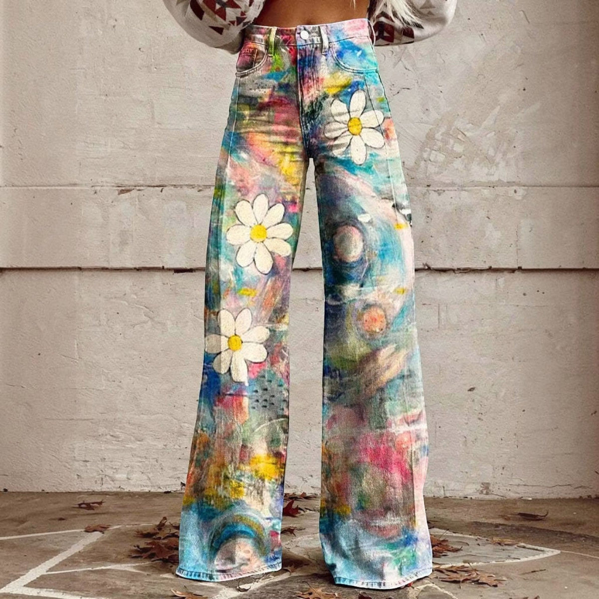 Floral Bell Bottom Pants with High Waist and Stretch Cotton Blend