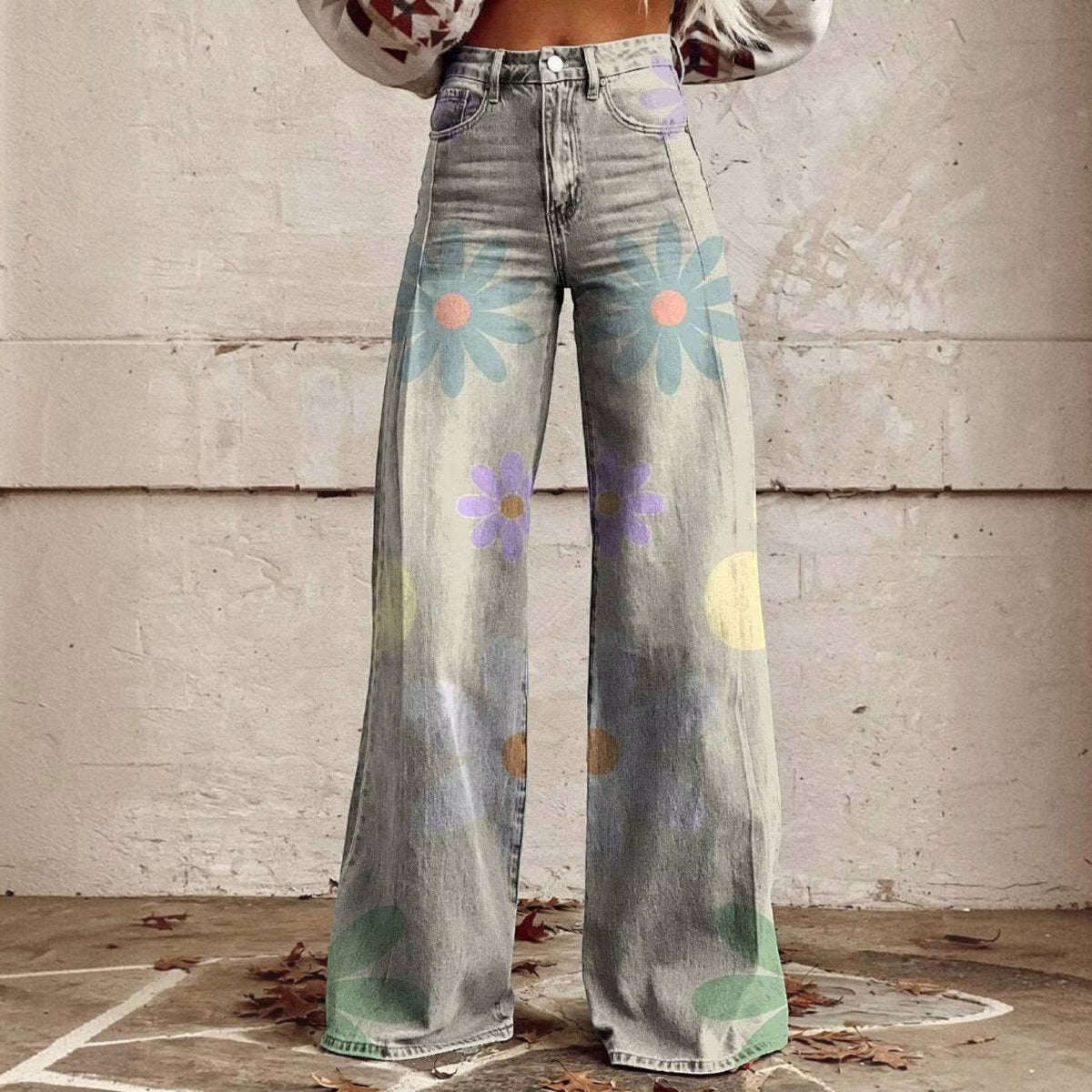 Floral Bell Bottom Pants with High Waist and Stretch Cotton Blend
