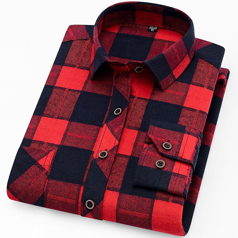 Mens Check Button Up Shirt with Long Sleeves and Tailored Fit