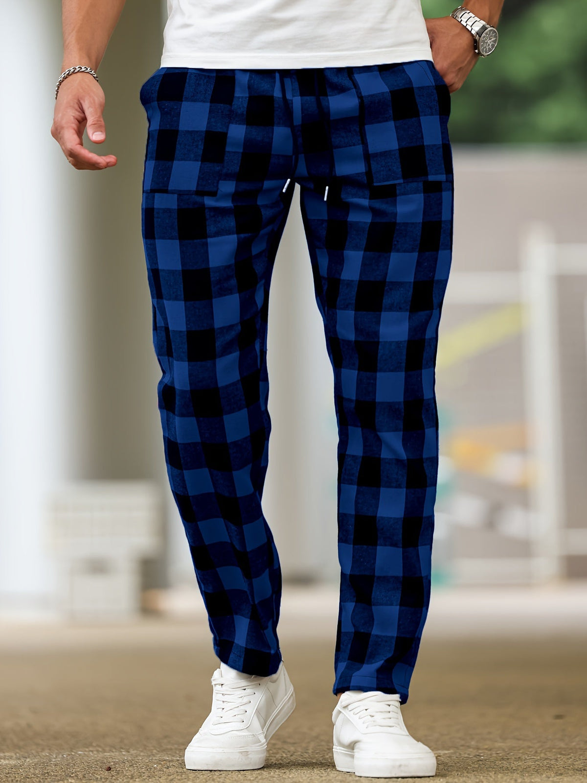 Plaid Lounge Pants with Elastic Drawstring Waist and Relaxed Leg Cut