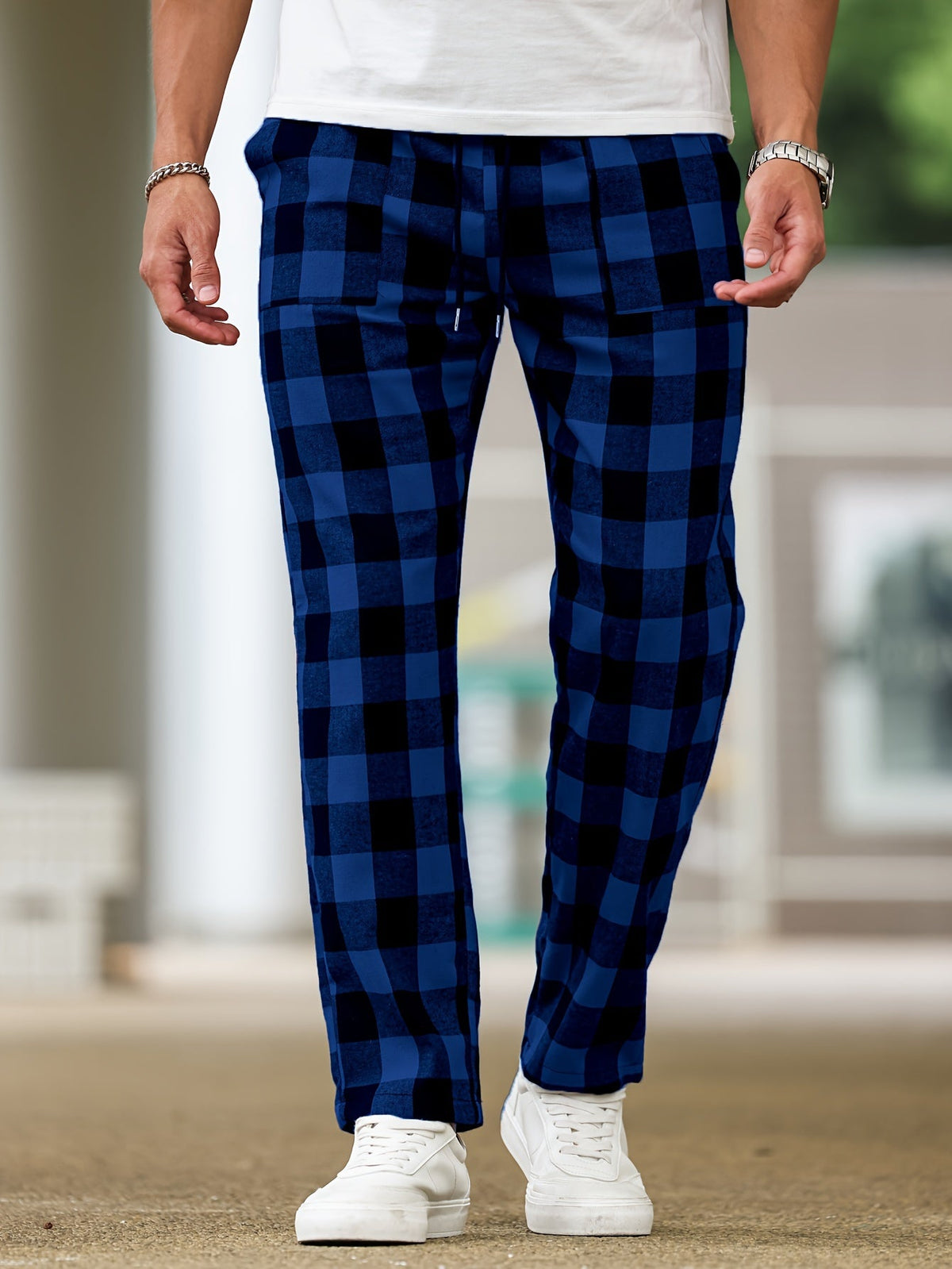 Plaid Lounge Pants with Elastic Drawstring Waist and Relaxed Leg Cut