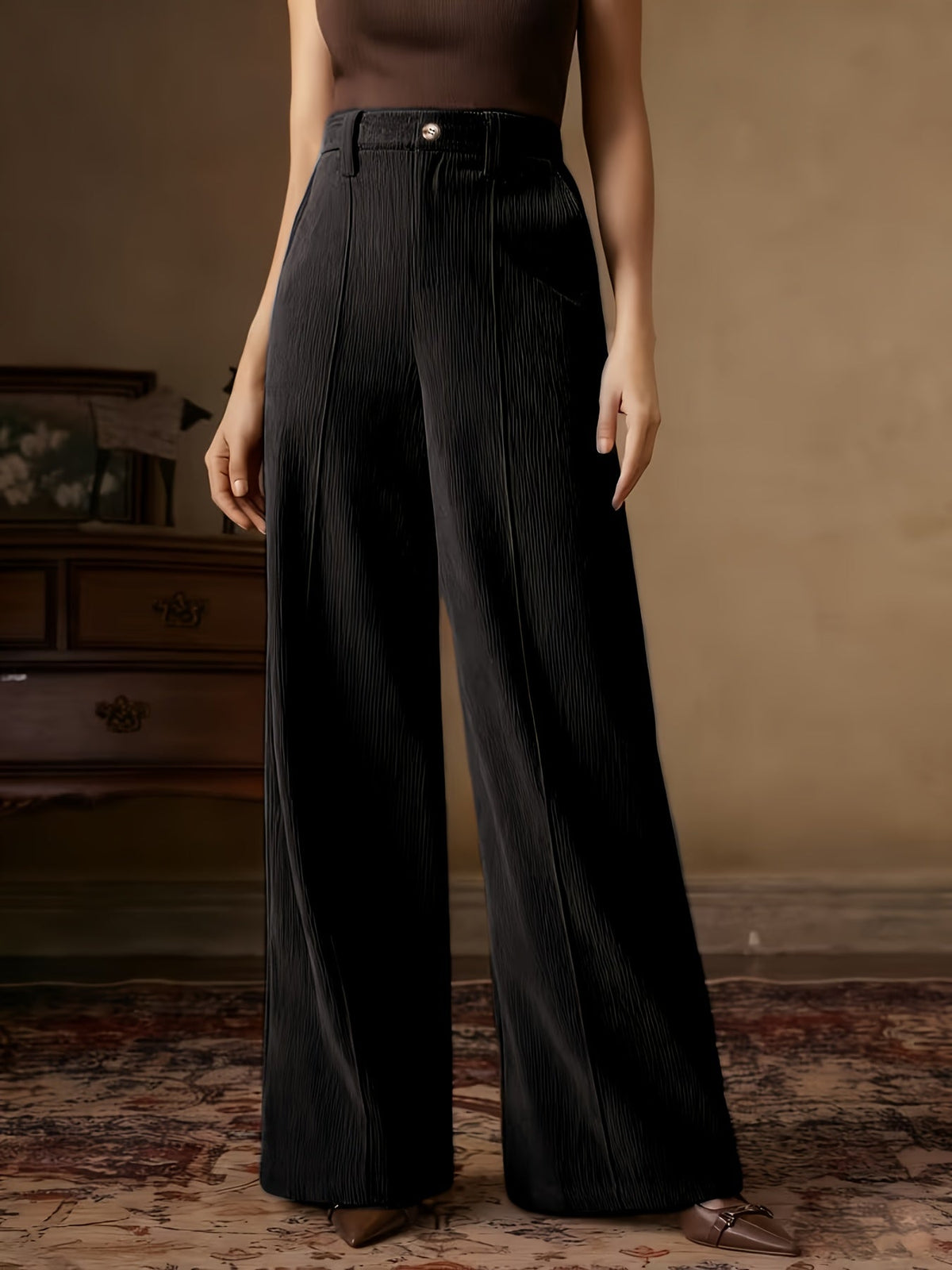 Women's High-Waisted Wide-Leg Trousers with Flat Waistband and Machine Washable Fabric