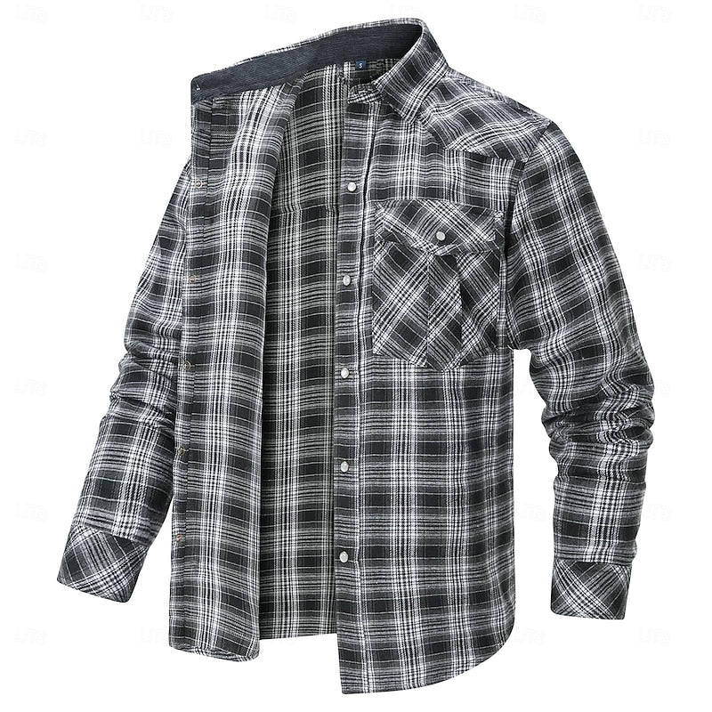 Plaid Overshirt with Lined Collar and Snap Front Closure, Dual Chest Pockets