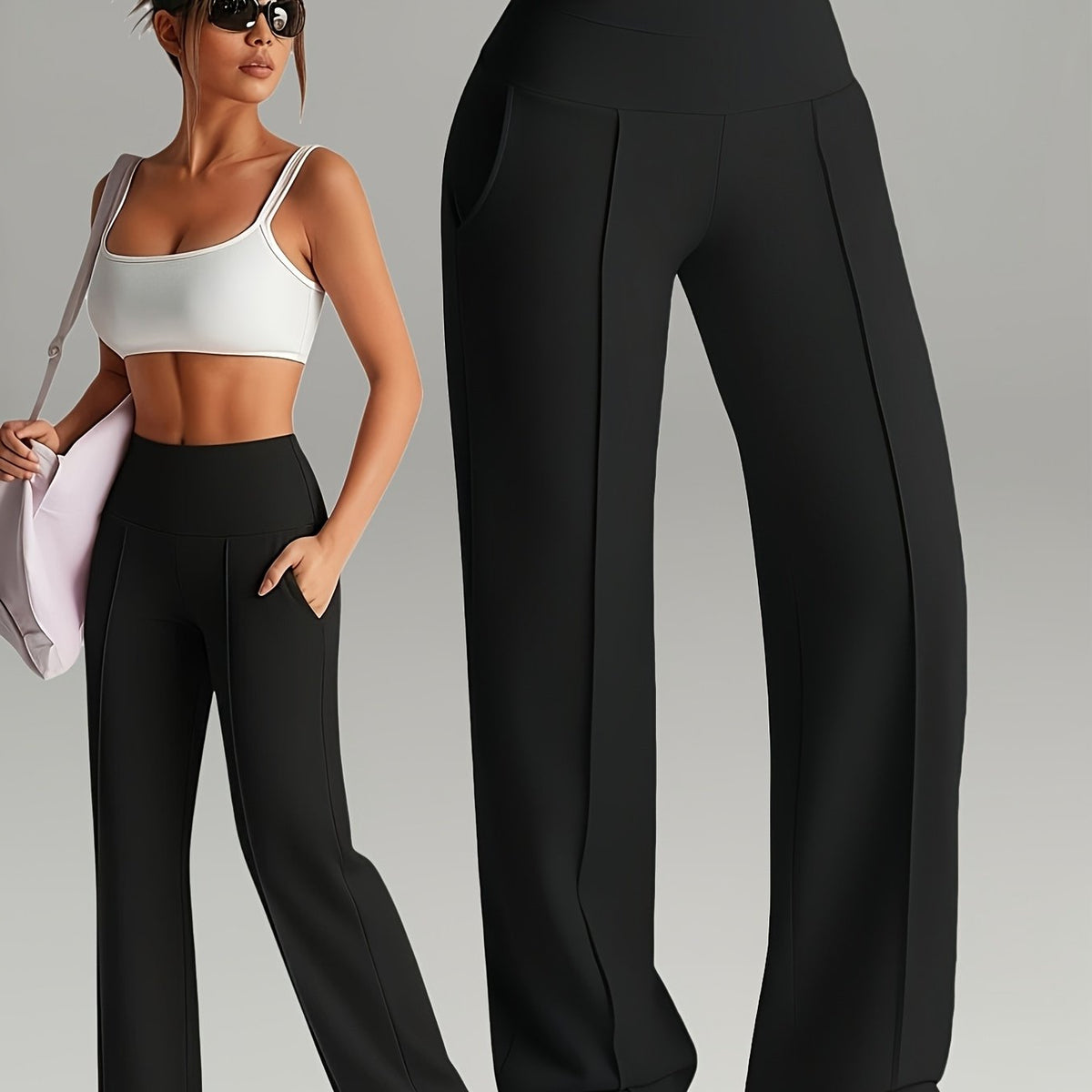Wide Leg Pants with High Waist and Four Way Stretch, Deep Side Pockets