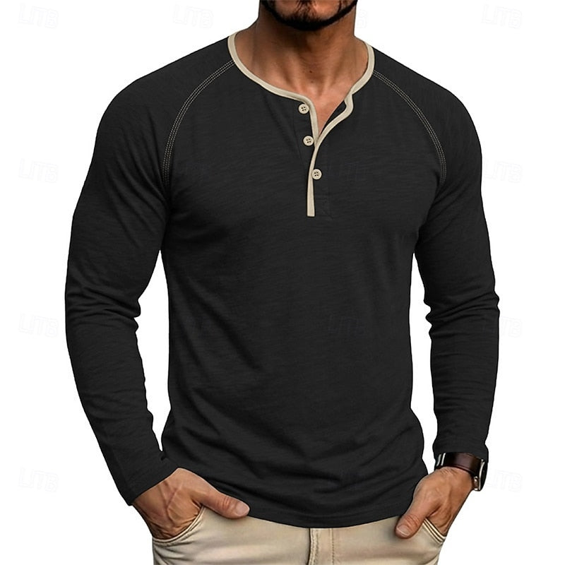 Long Sleeve Henley Shirt with Button Placket and Raglan Sleeves