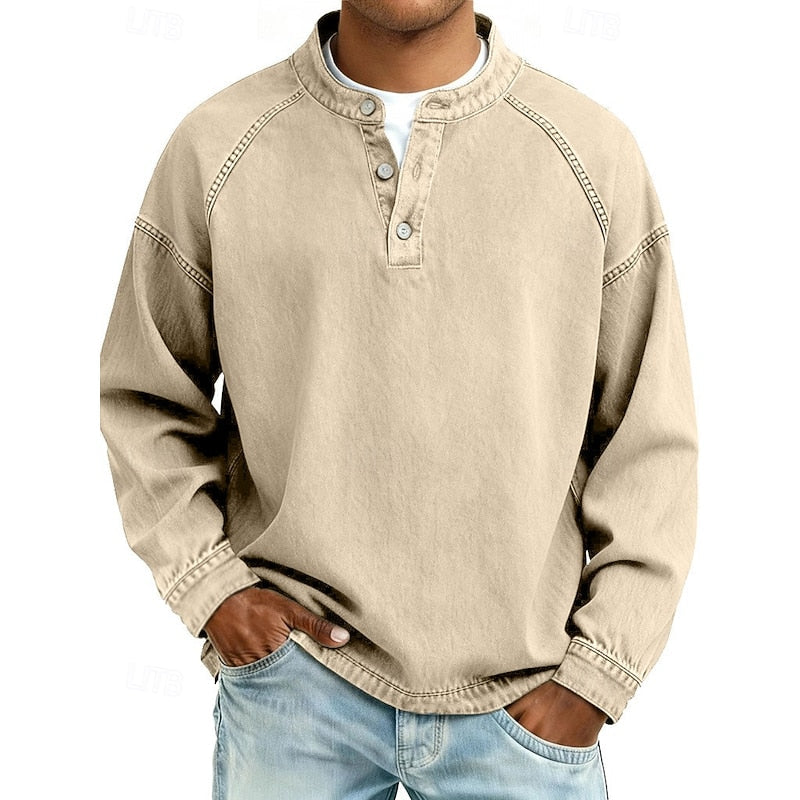 Henley Shirt with Button Placket and Raglan Sleeves, Standing Collar