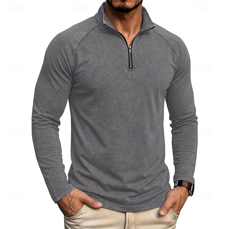 Mens Zip Collar Top with Relaxed Fit and Soft Draping Fabric