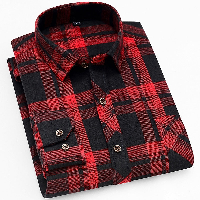 Mens Check Button Up Shirt with Long Sleeves and Tailored Fit