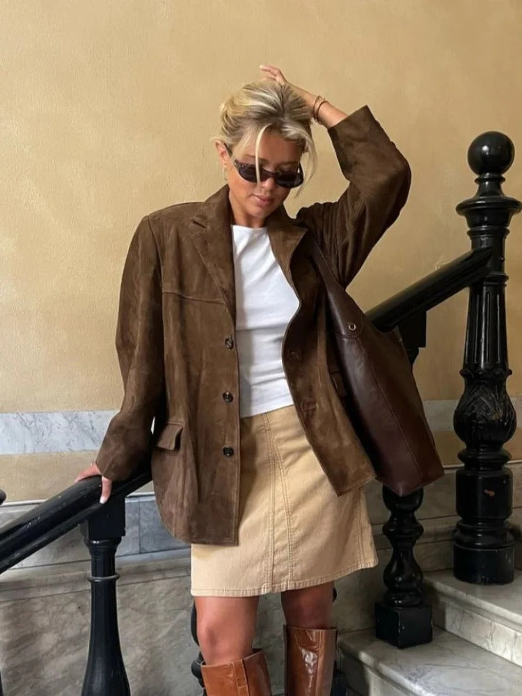 Womens Suede Jacket with Lapel Collar and Button Front, Brown Long Sleeve