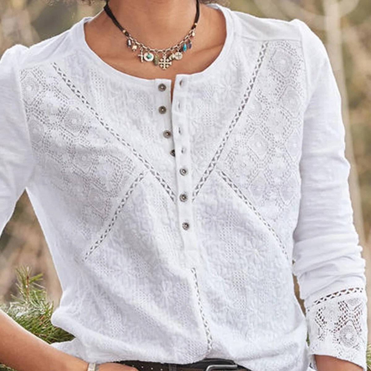 White Lace Henley Top with Button Placket, Long Sleeves and Relaxed Fit