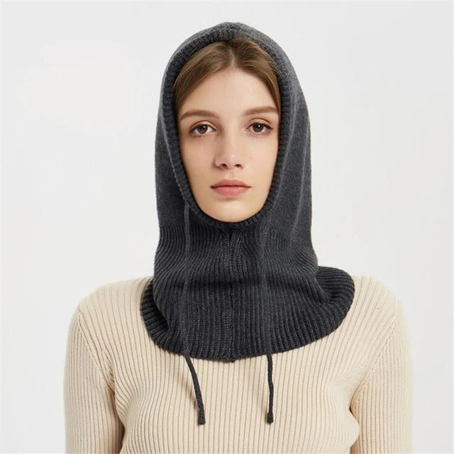 Wool Hooded Beanie with Drawstring Adjustment and Neck Coverage for Winter