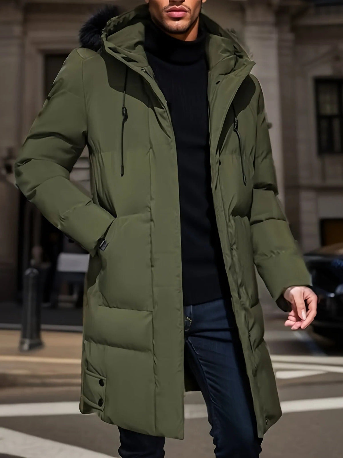 Mens Long Winter Jacket with Adjustable Hood and Insulated Lining