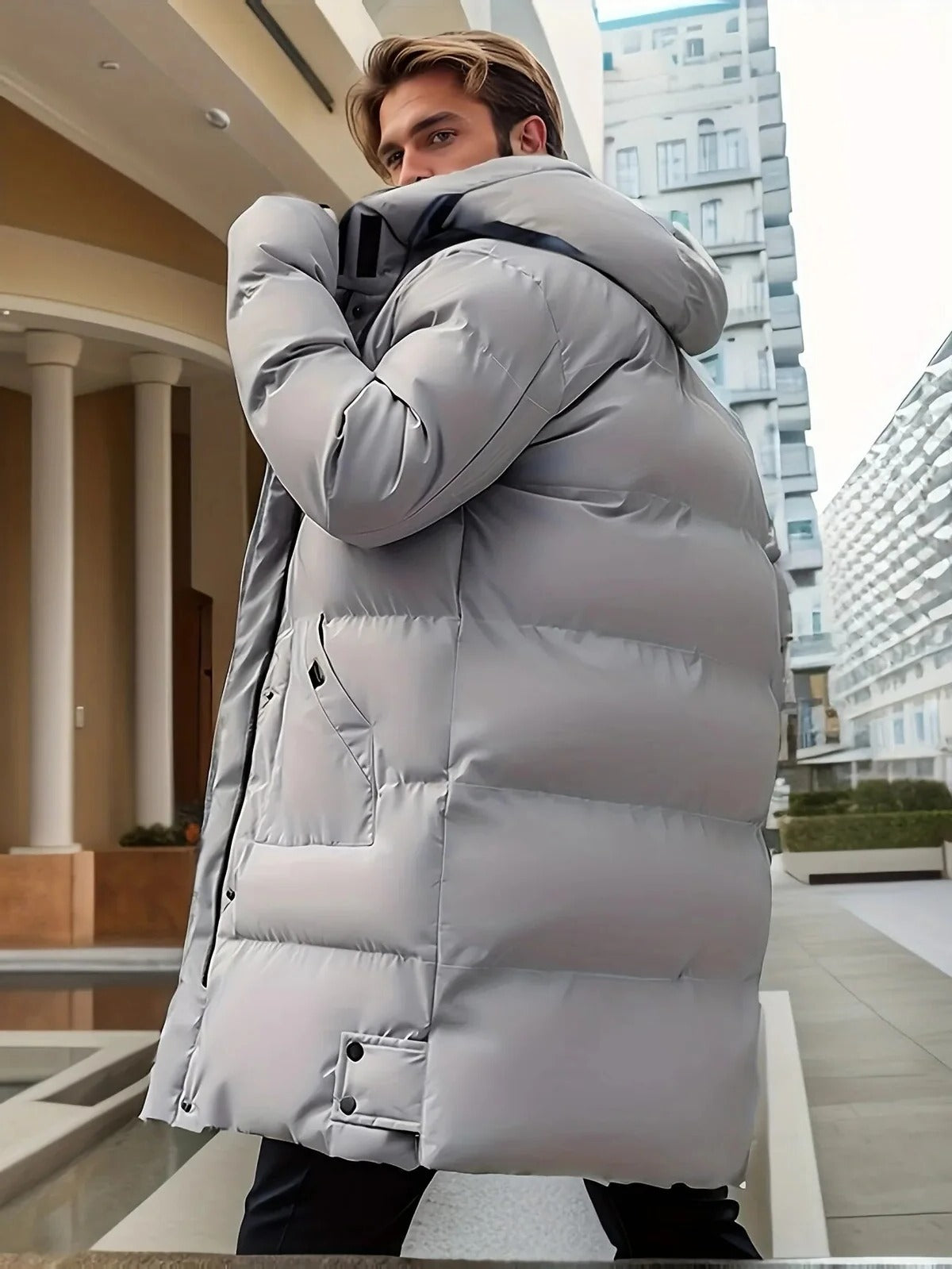 Mens Long Winter Jacket with Adjustable Hood and Insulated Lining