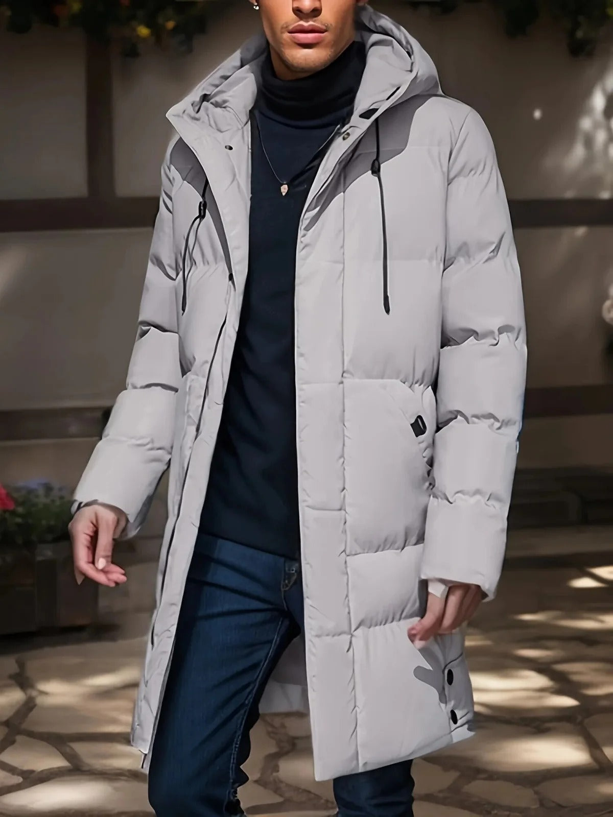 Mens Long Winter Jacket with Adjustable Hood and Insulated Lining