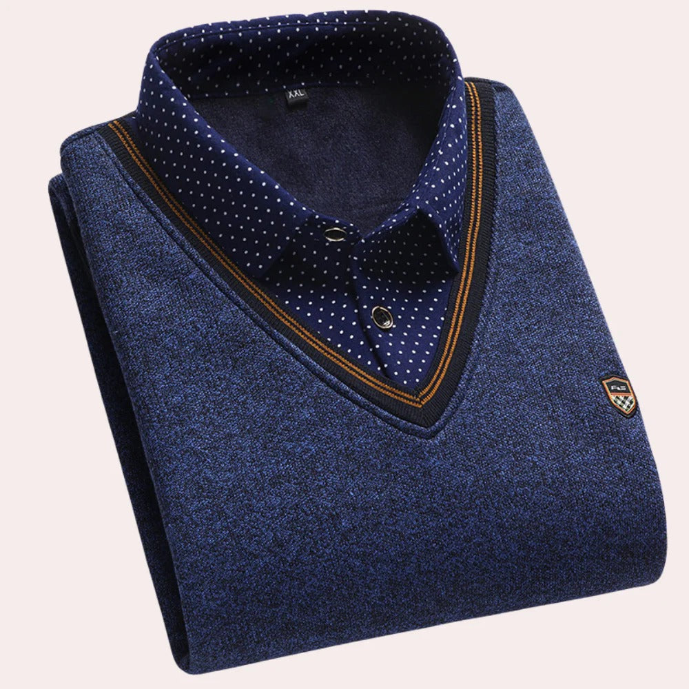 Collared Pullover Sweater with Built In Shirt Collar and Woven Fabric, Machine Washable
