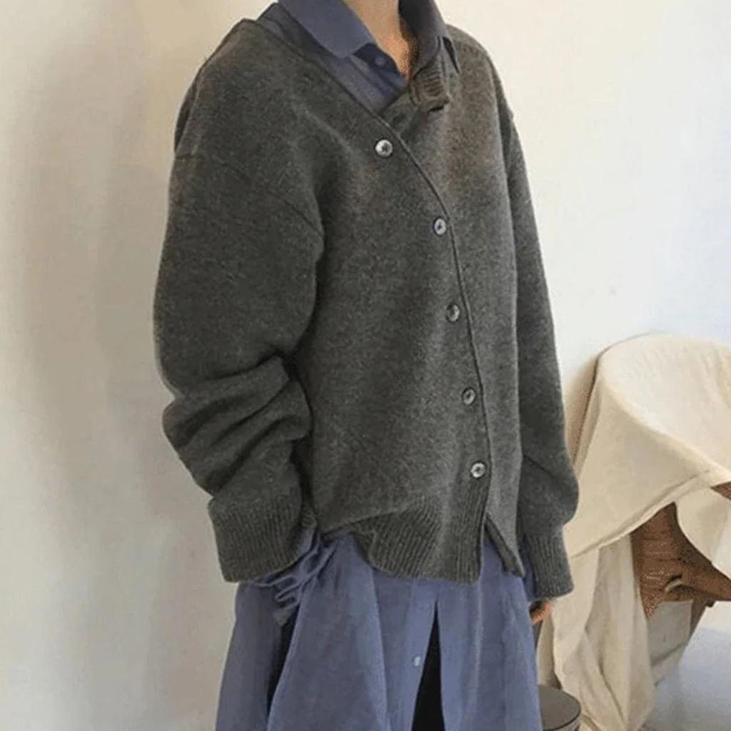 Wrap Cardigan with Asymmetrical Button Closure and Soft Knit Fabric