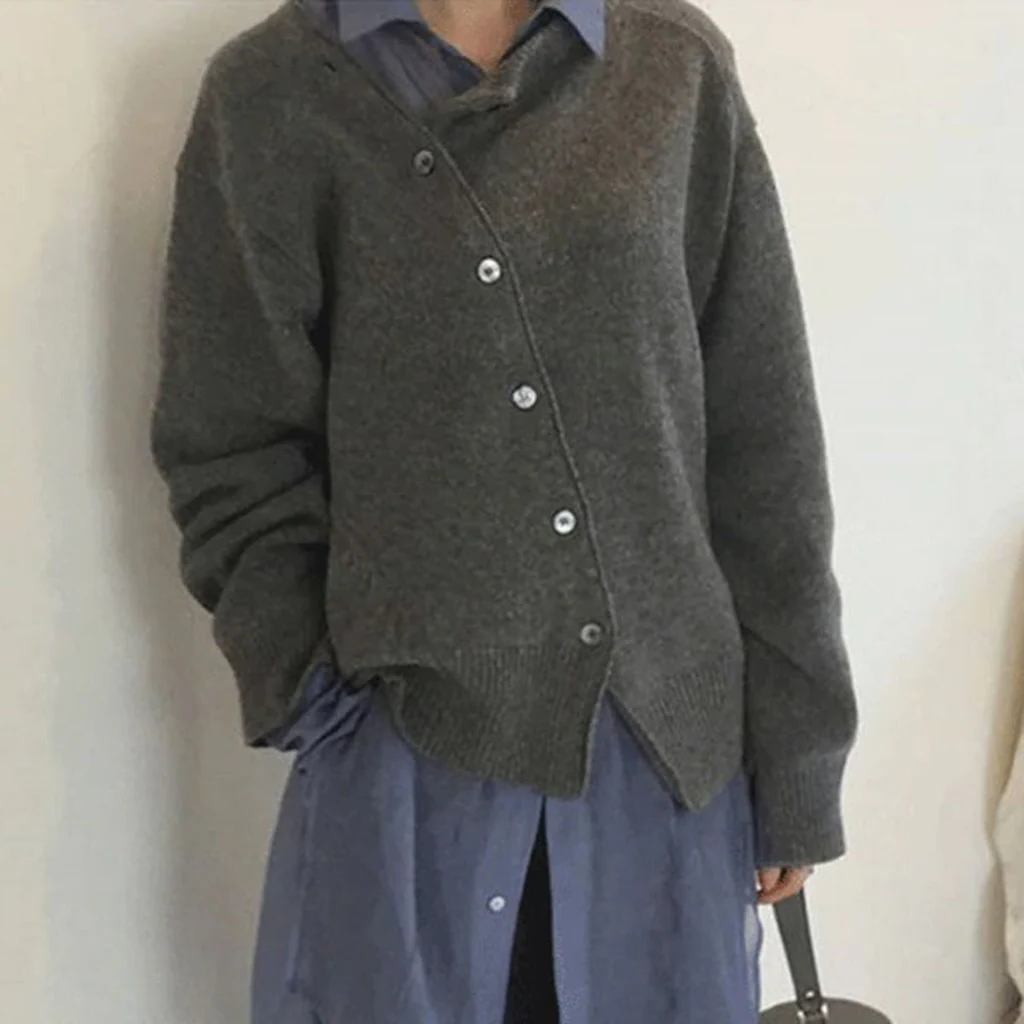 Wrap Cardigan with Asymmetrical Button Closure and Soft Knit Fabric