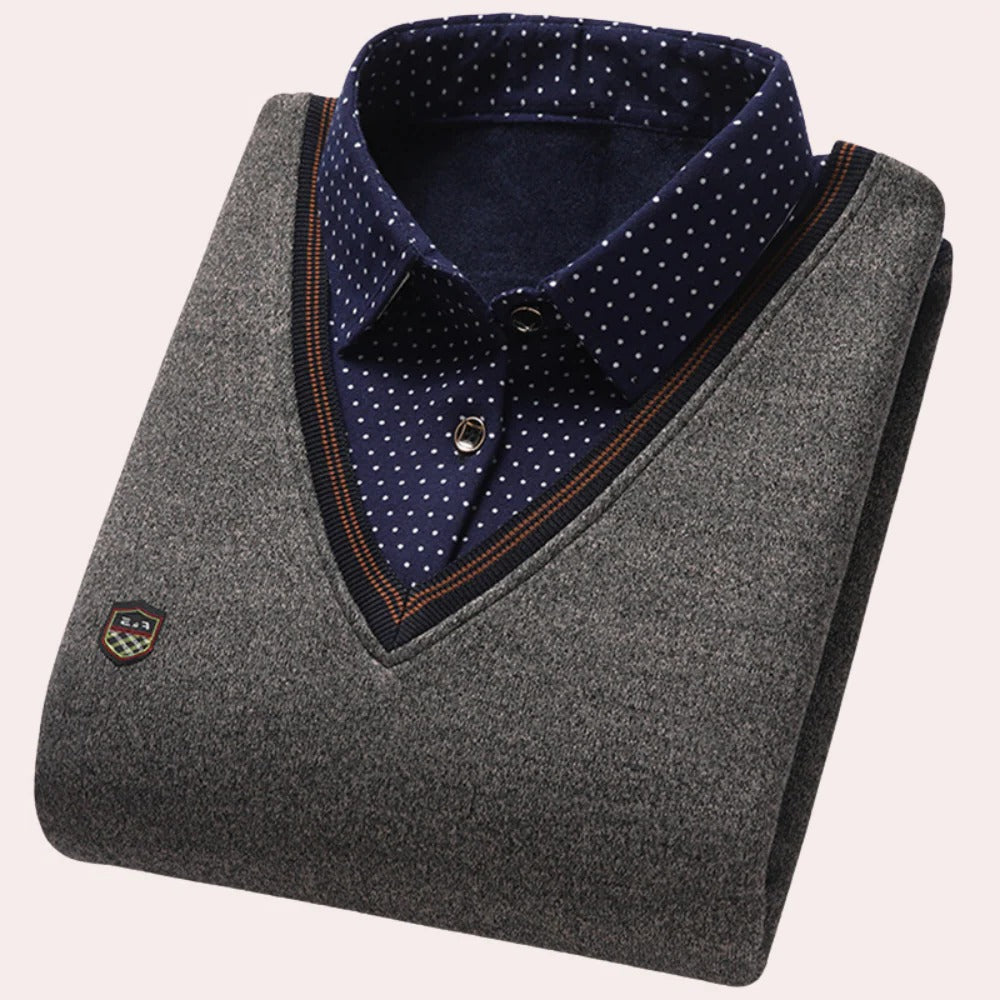 Collared Pullover Sweater with Built In Shirt Collar and Woven Fabric, Machine Washable