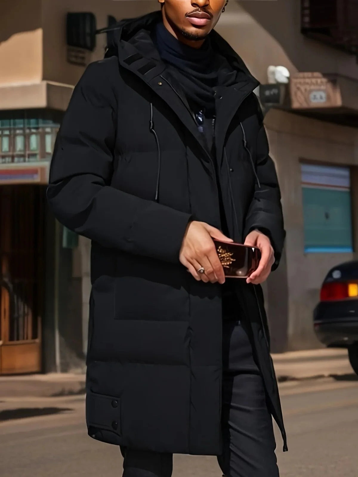 Mens Long Winter Jacket with Adjustable Hood and Insulated Lining