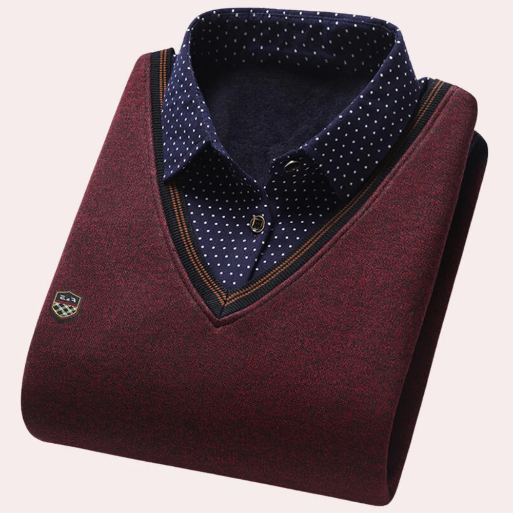Collared Pullover Sweater with Built In Shirt Collar and Woven Fabric, Machine Washable