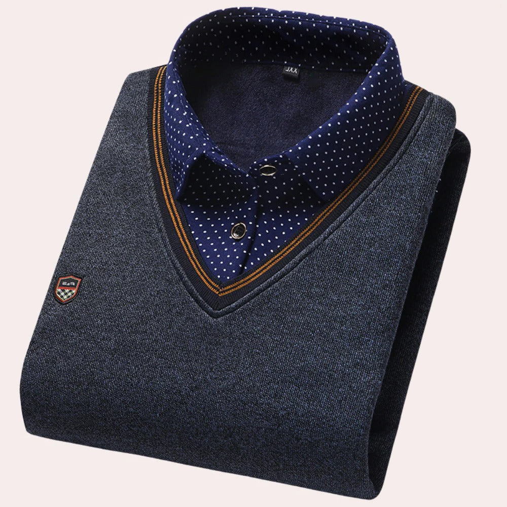 Collared Pullover Sweater with Built In Shirt Collar and Woven Fabric, Machine Washable
