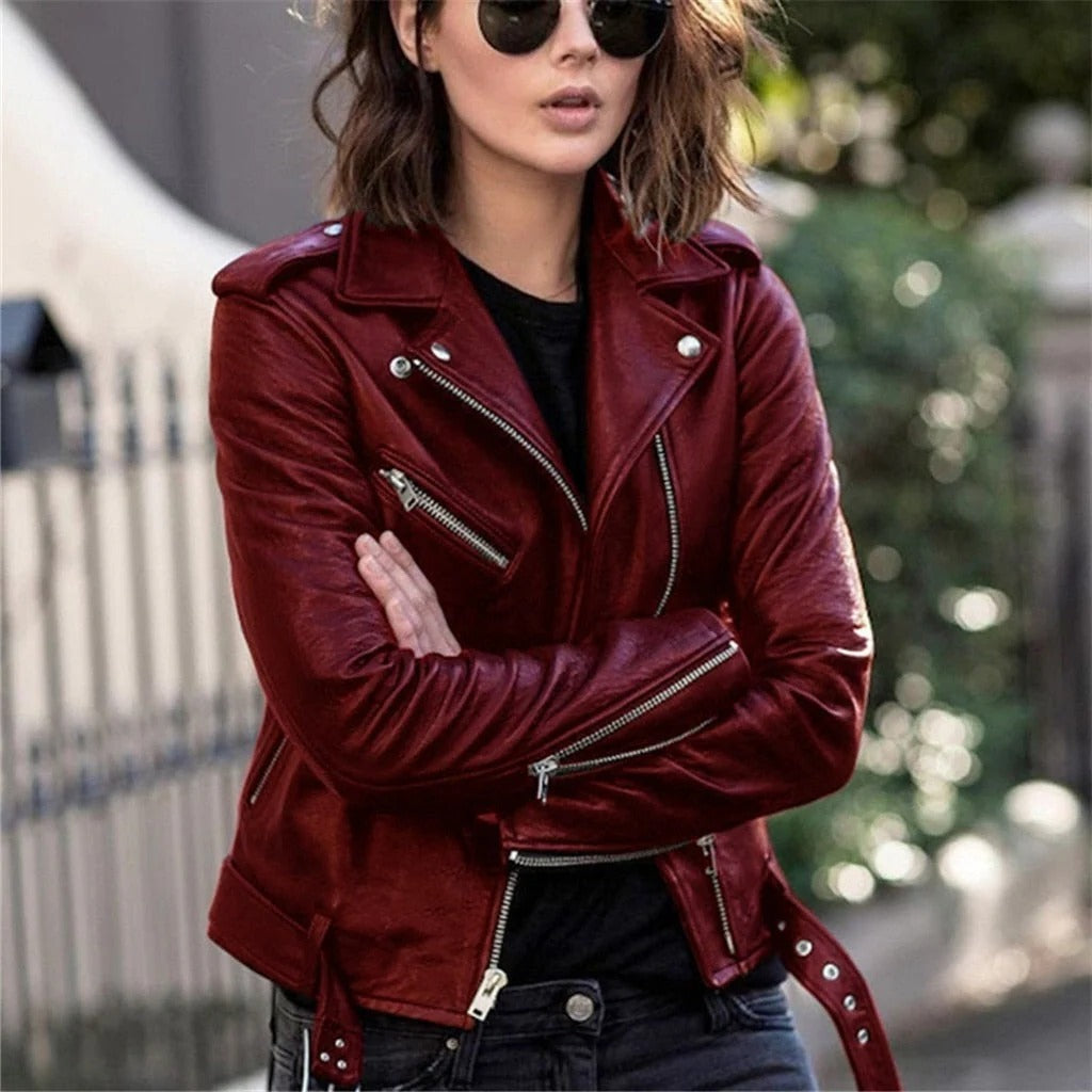 Motorcycle Jacket with Slanted Zipper and Adjustable Cuffs, Wide Snap Collar