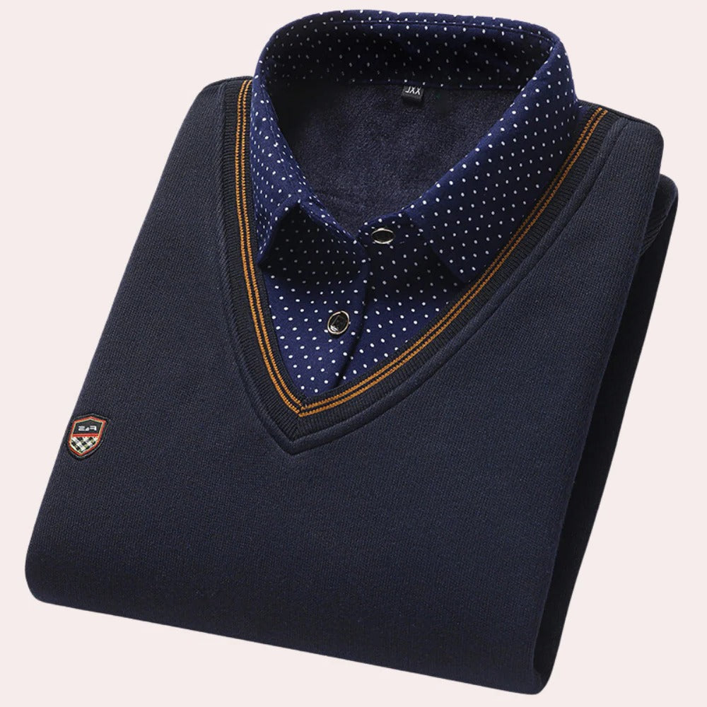 Collared Pullover Sweater with Built In Shirt Collar and Woven Fabric, Machine Washable
