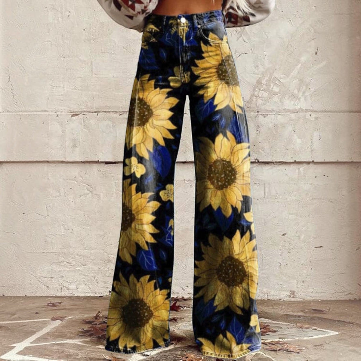 Floral Bell Bottom Pants with High Waist and Stretch Cotton Blend