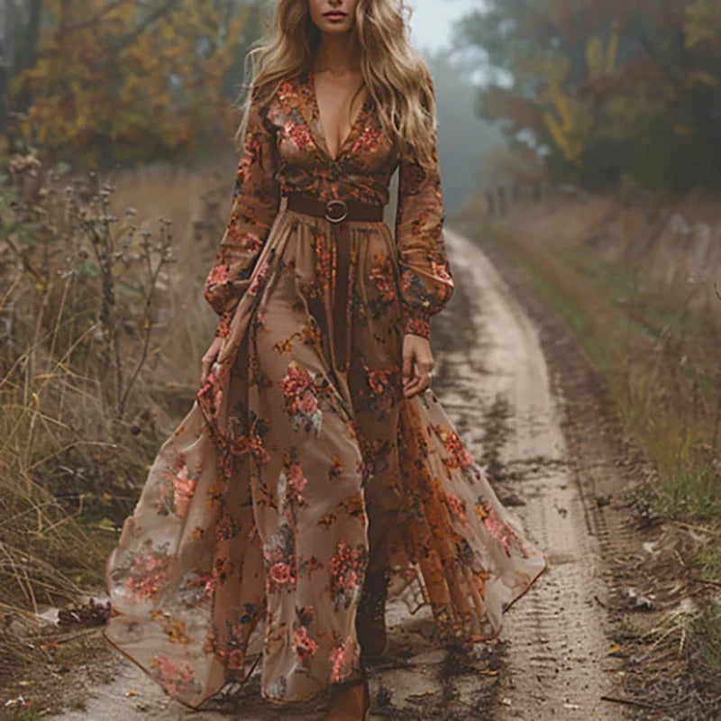 Embroidered Maxi Dress with Tiered Chiffon Panels and Ruffled Hem