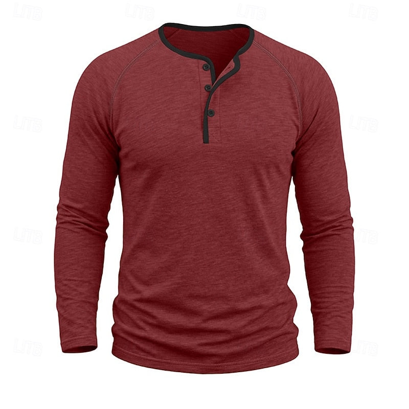 Long Sleeve Henley Shirt with Button Placket and Raglan Sleeves