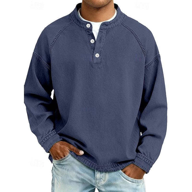 Henley Shirt with Button Placket and Raglan Sleeves, Standing Collar