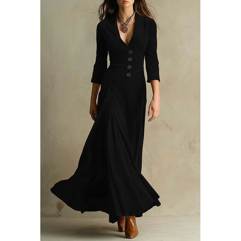 Floor Length Maxi Dress with Deep V Neckline and Button Front Bodice, Long Sleeves