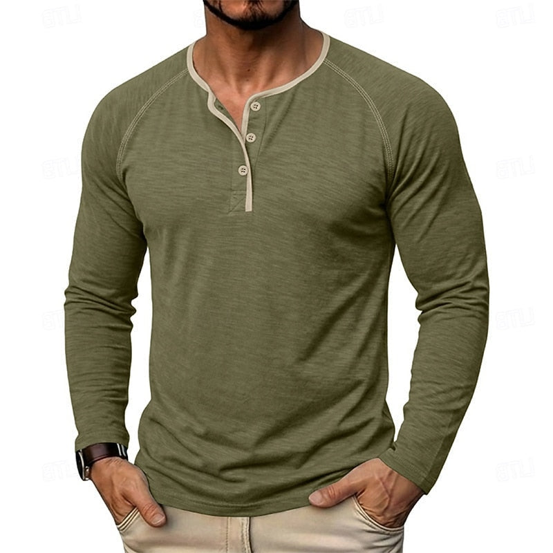 Long Sleeve Henley Shirt with Button Placket and Raglan Sleeves