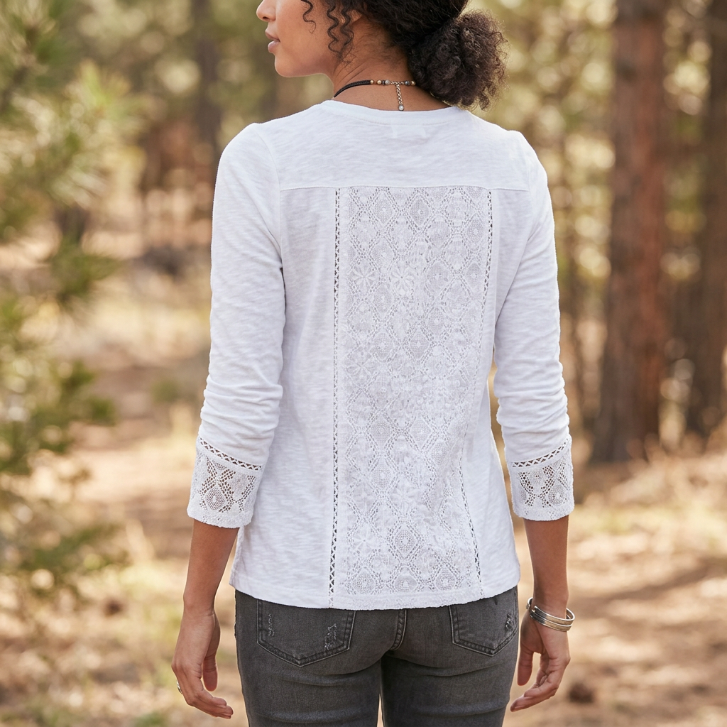 White Lace Henley Top with Button Placket, Long Sleeves and Relaxed Fit