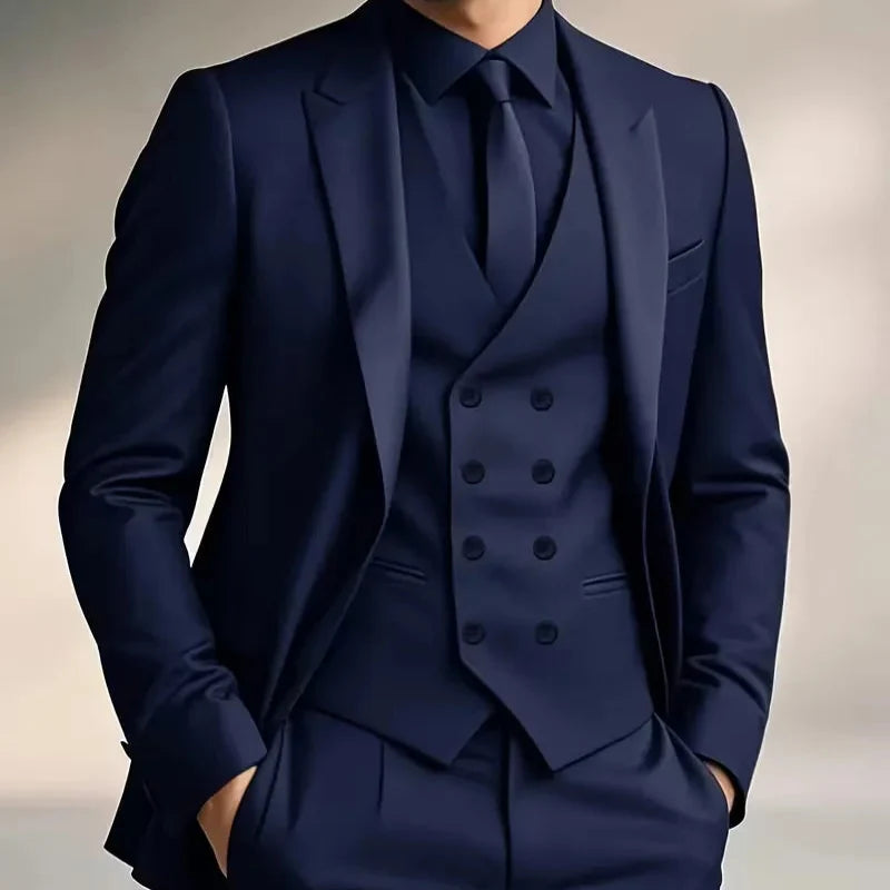 Mens slim fit three piece suit with single breasted blazer, double breasted waistcoat and trousers